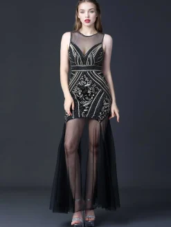 Sale Retro Stage 1920s Round Neck Sheer Beading Dress Black