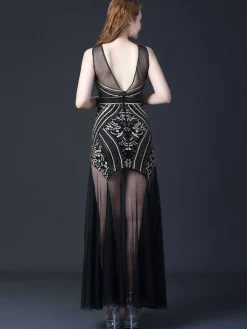 Sale Retro Stage 1920s Round Neck Sheer Beading Dress Black