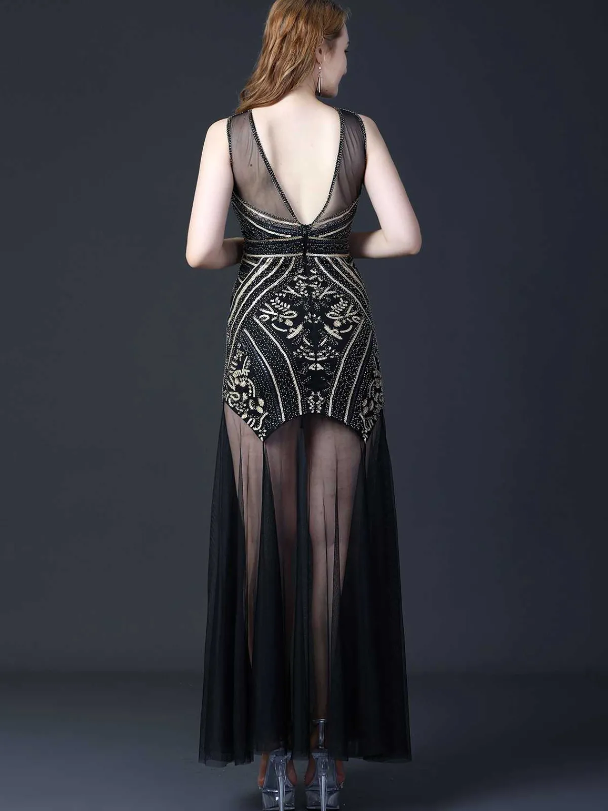 Sale Retro Stage 1920s Round Neck Sheer Beading Dress Black