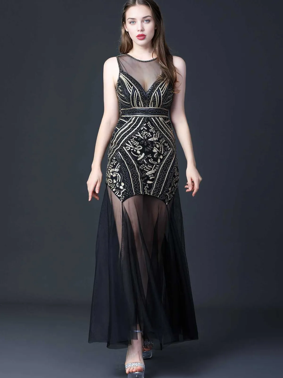 Sale Retro Stage 1920s Round Neck Sheer Beading Dress Black