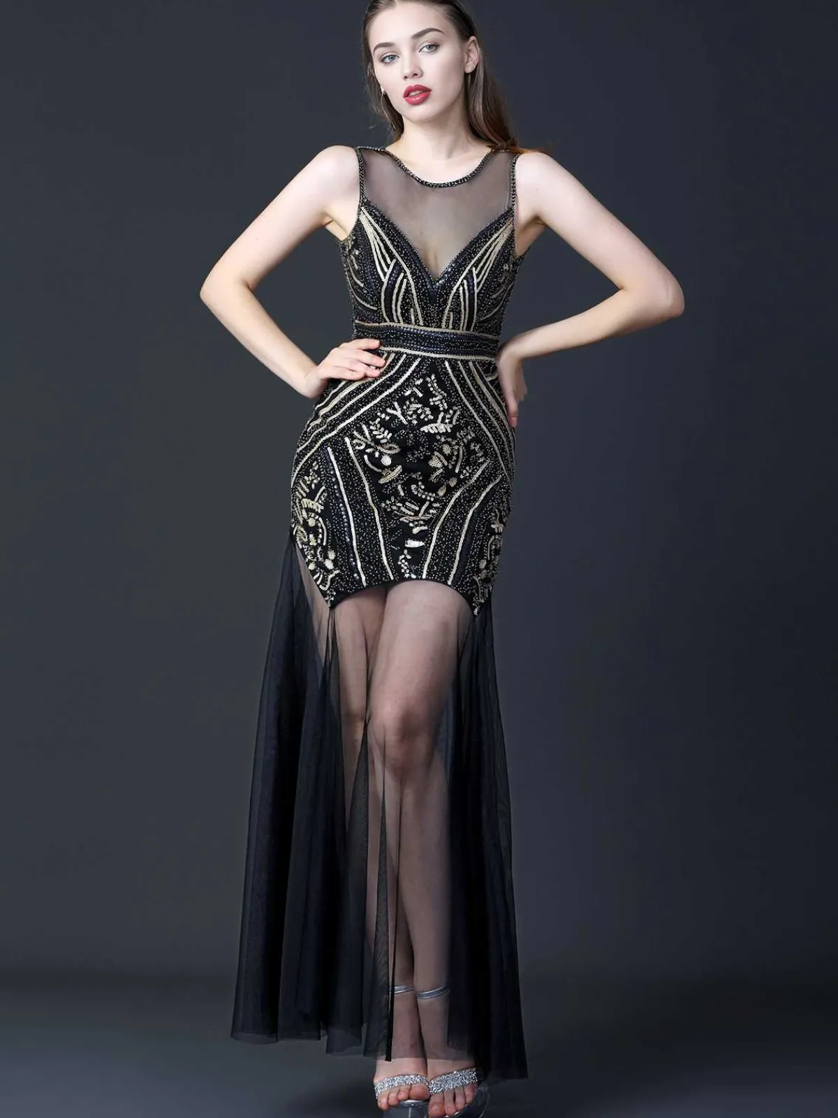 Sale Retro Stage 1920s Round Neck Sheer Beading Dress Black