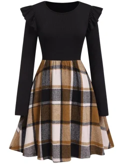 New Retro Stage 1960s Ruffed Plaid Patchwork Skater Dress Black