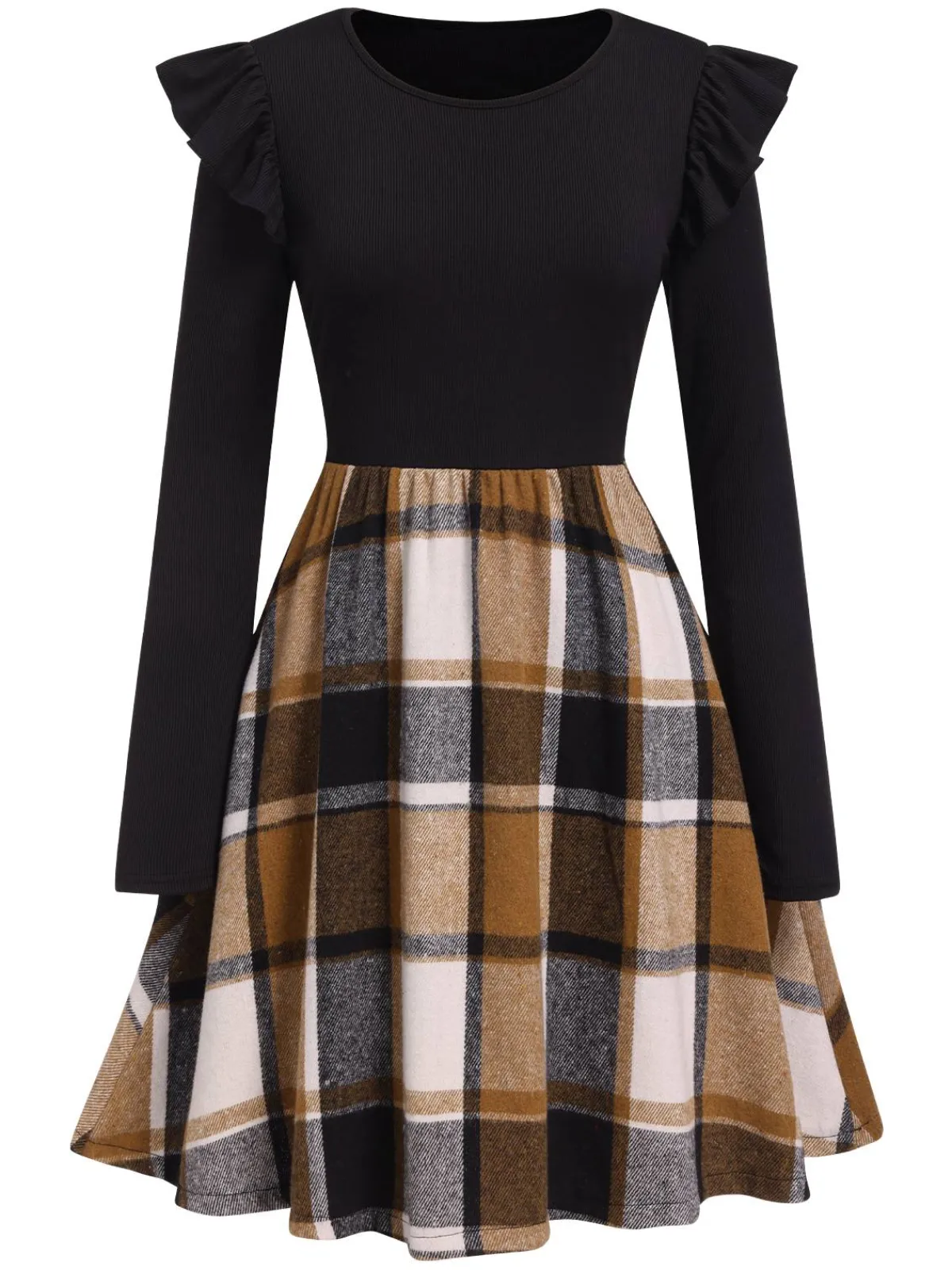 New Retro Stage 1960s Ruffed Plaid Patchwork Skater Dress Black