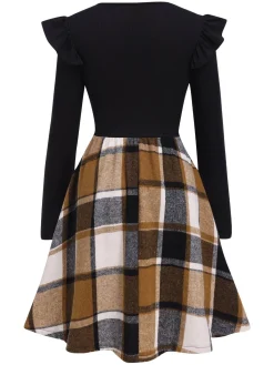 New Retro Stage 1960s Ruffed Plaid Patchwork Skater Dress Black