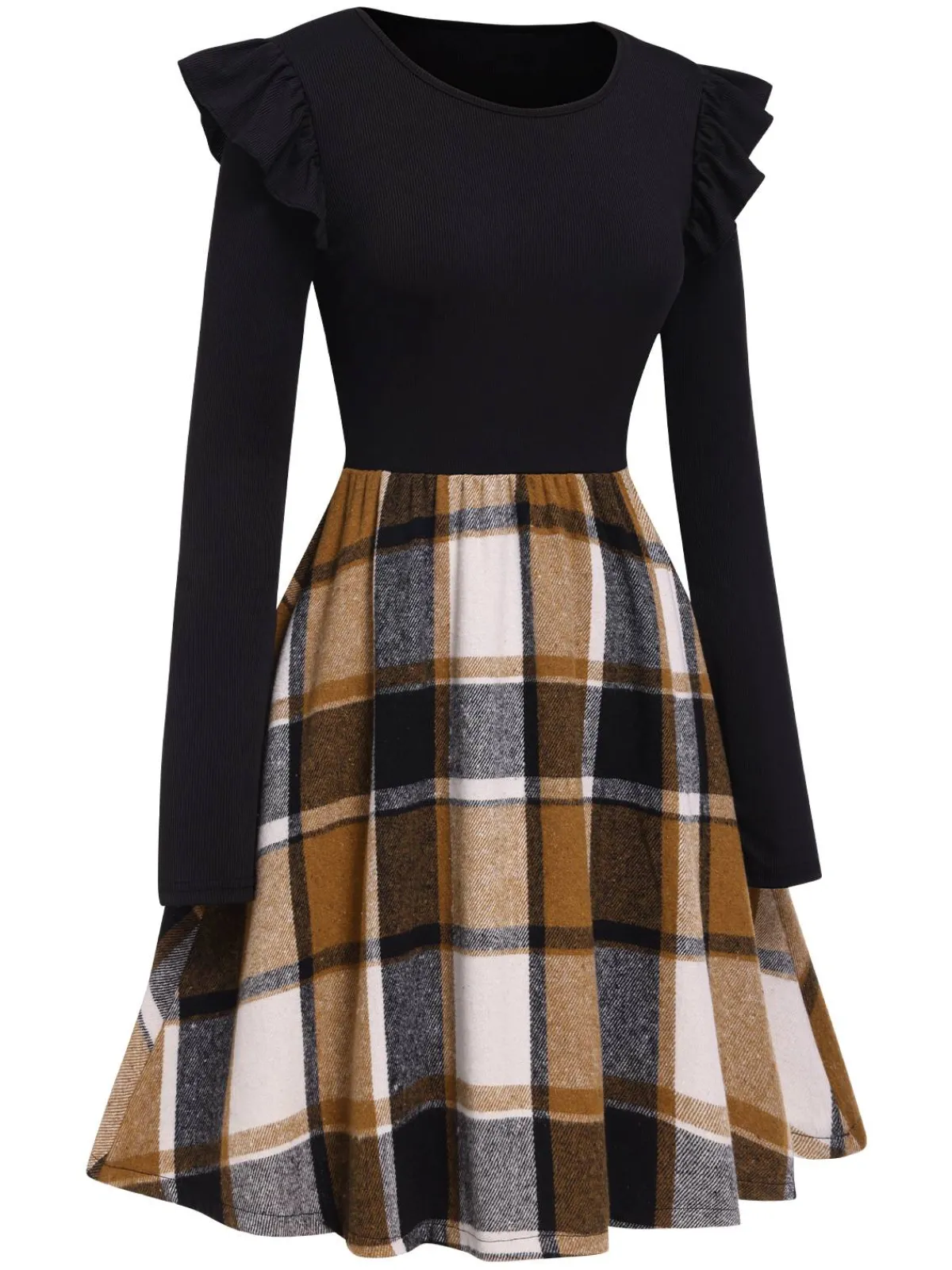 New Retro Stage 1960s Ruffed Plaid Patchwork Skater Dress Black