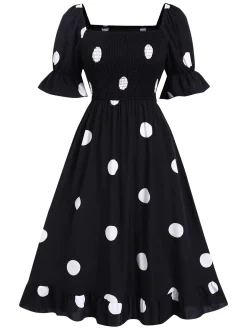 Hot Retro Stage 1940s Ruffle Cuffs Polka Dots Smocked Dress Black