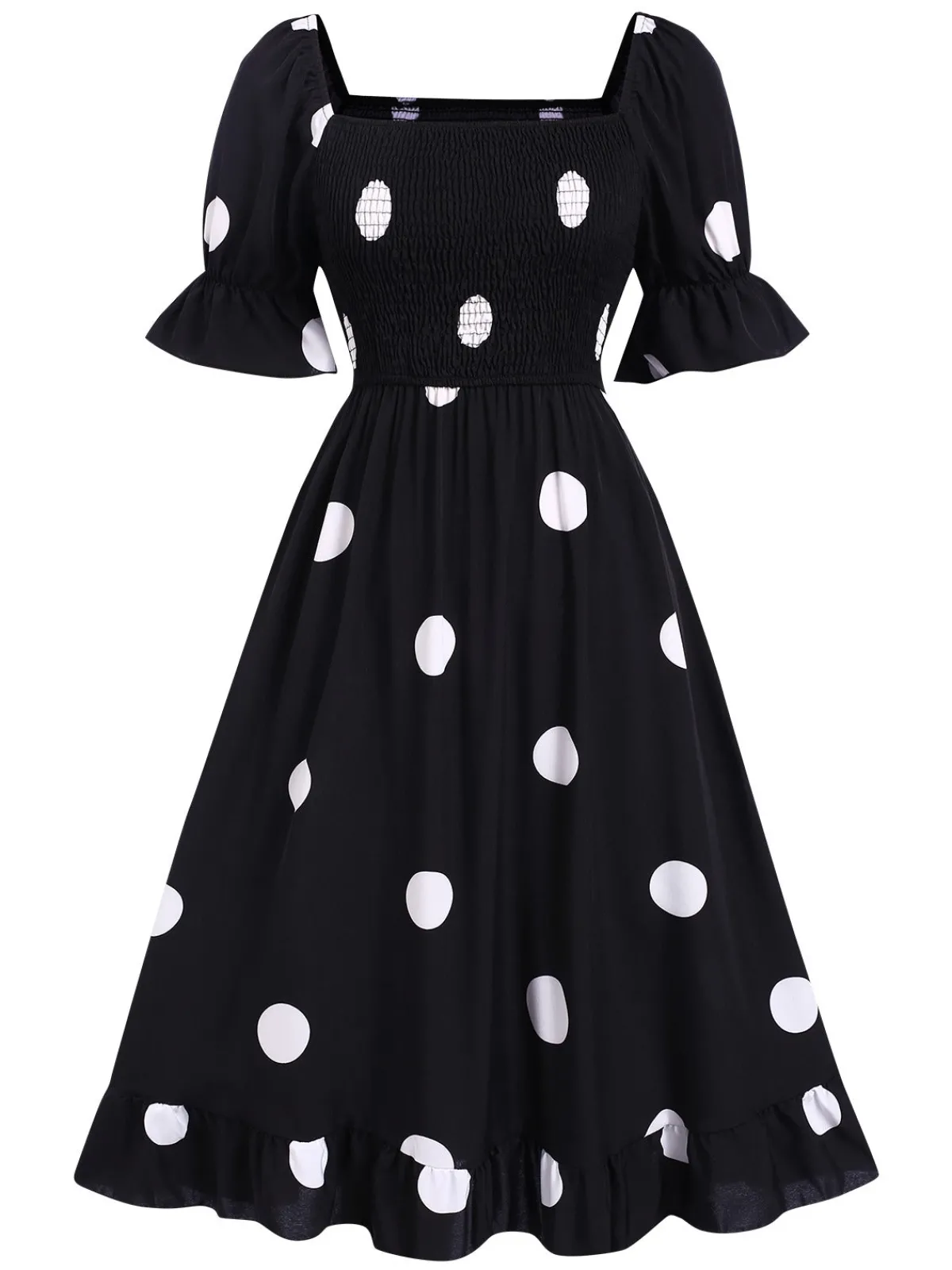 Hot Retro Stage 1940s Ruffle Cuffs Polka Dots Smocked Dress Black