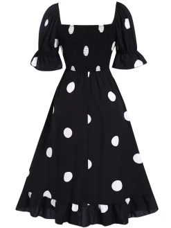 Hot Retro Stage 1940s Ruffle Cuffs Polka Dots Smocked Dress Black