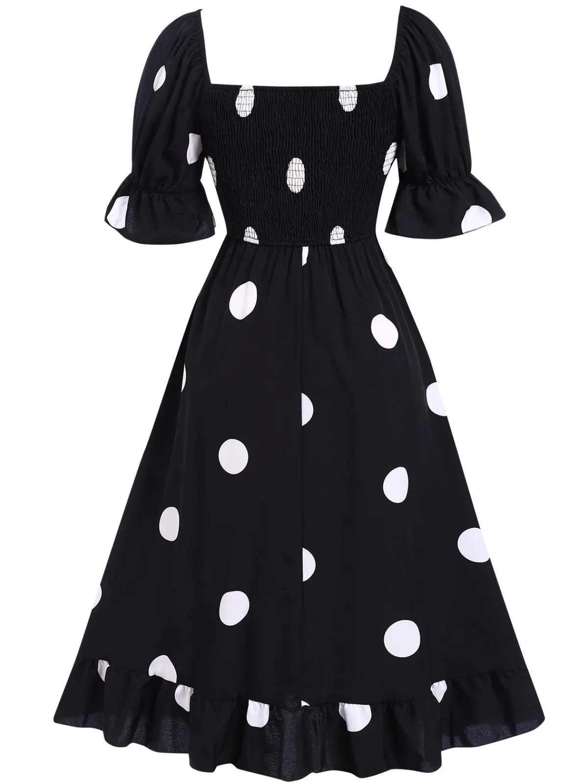 Hot Retro Stage 1940s Ruffle Cuffs Polka Dots Smocked Dress Black