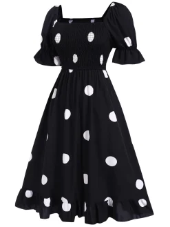 Hot Retro Stage 1940s Ruffle Cuffs Polka Dots Smocked Dress Black