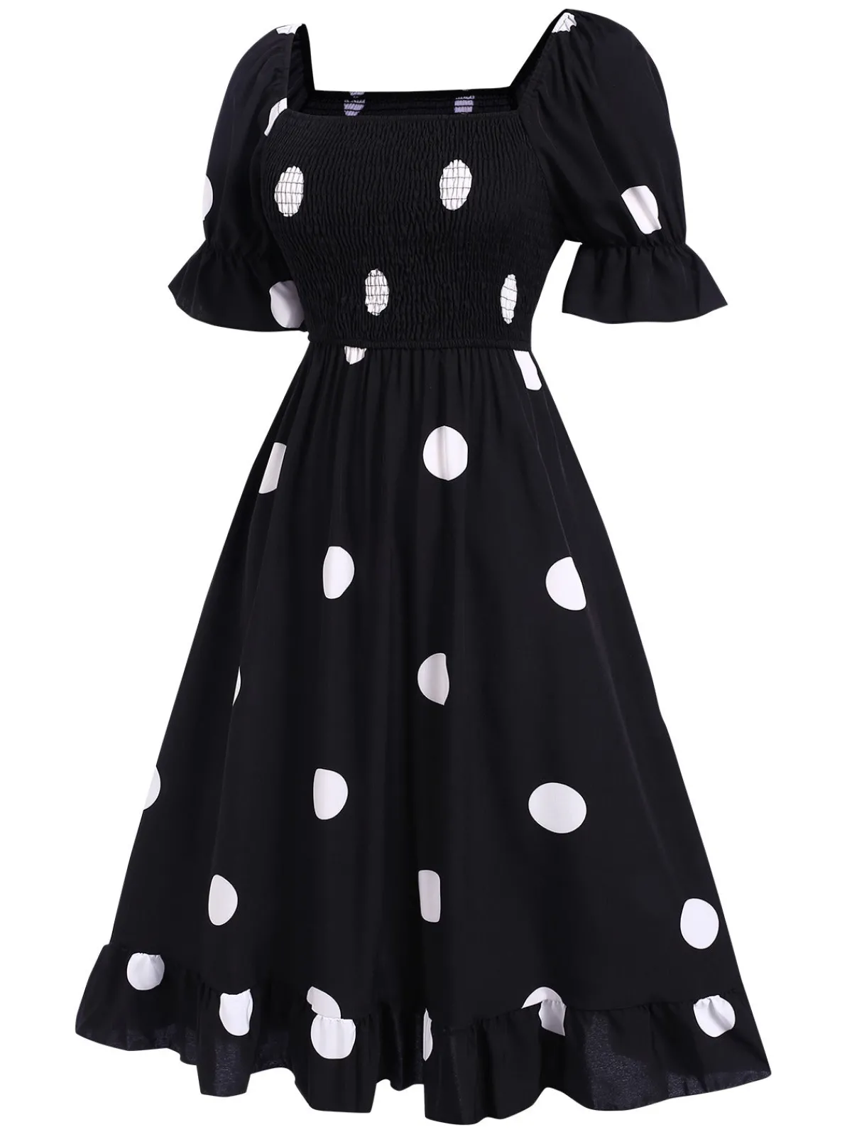 Hot Retro Stage 1940s Ruffle Cuffs Polka Dots Smocked Dress Black