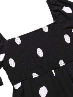 Hot Retro Stage 1940s Ruffle Cuffs Polka Dots Smocked Dress Black