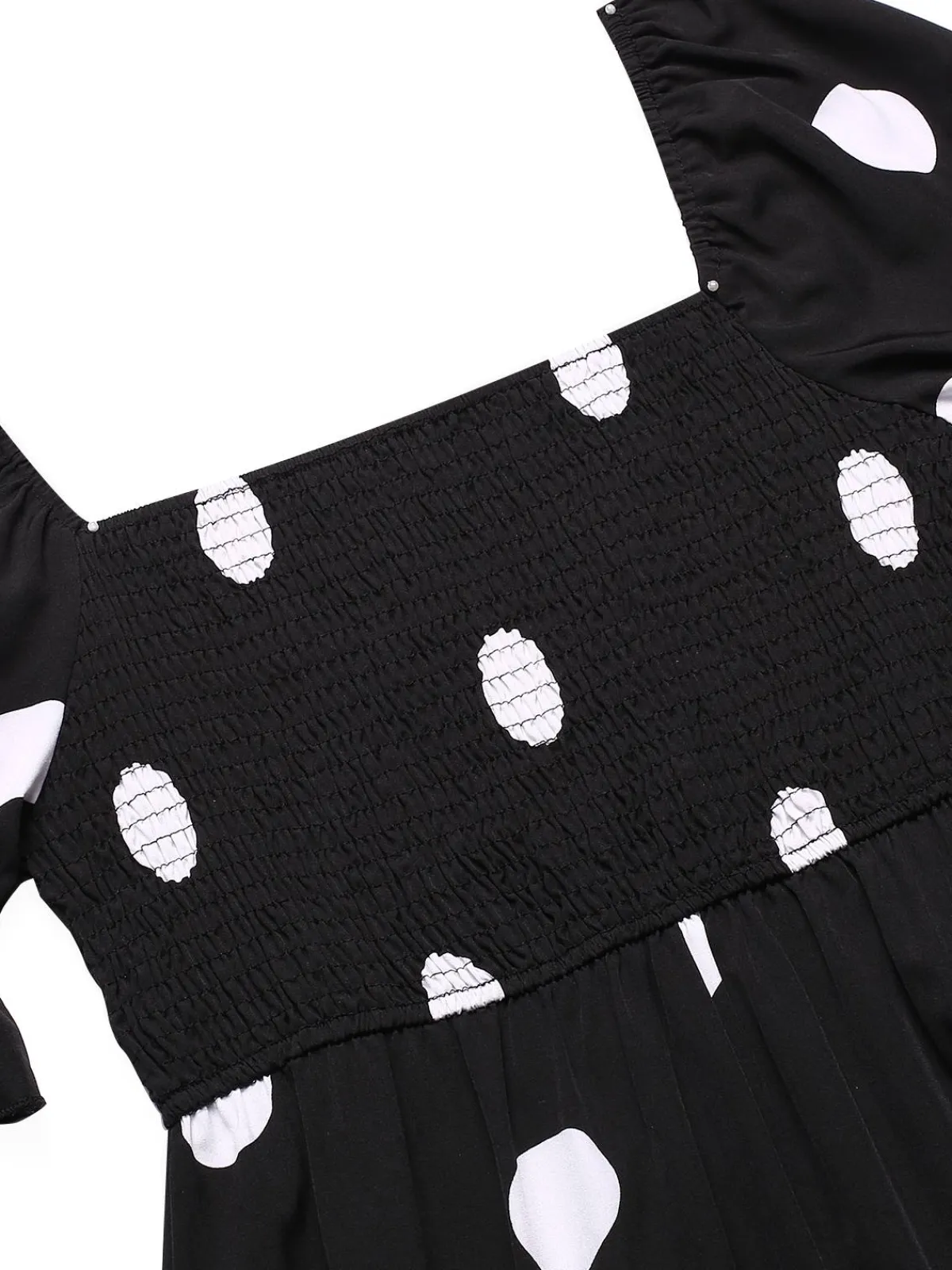 Hot Retro Stage 1940s Ruffle Cuffs Polka Dots Smocked Dress Black