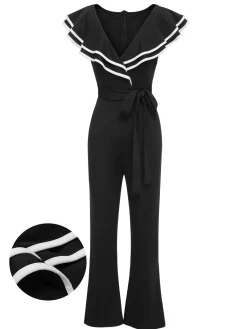 Fashion Retro Stage 1930s Ruffle Lapel Bootcut Jumpsuit Black