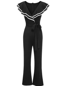Fashion Retro Stage 1930s Ruffle Lapel Bootcut Jumpsuit Black