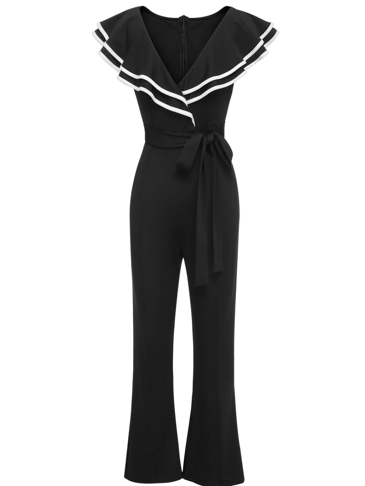 Fashion Retro Stage 1930s Ruffle Lapel Bootcut Jumpsuit Black