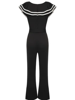 Fashion Retro Stage 1930s Ruffle Lapel Bootcut Jumpsuit Black
