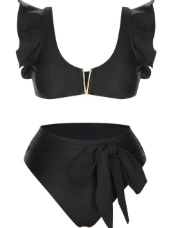 Fashion Retro Stage 1950s Ruffle Sleeve Split Swimsuit Black