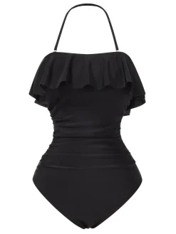 Clearance Retro Stage 1950s Ruffles Halter One-Piece Swimsuit Black