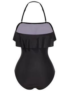 Clearance Retro Stage 1950s Ruffles Halter One-Piece Swimsuit Black