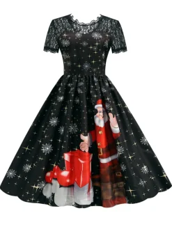 Clearance Retro Stage 1950s Santa Claus Lace Patchwork Dress Black