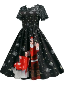Clearance Retro Stage 1950s Santa Claus Lace Patchwork Dress Black