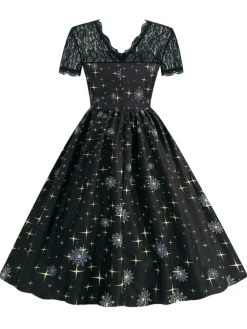 Clearance Retro Stage 1950s Santa Claus Lace Patchwork Dress Black