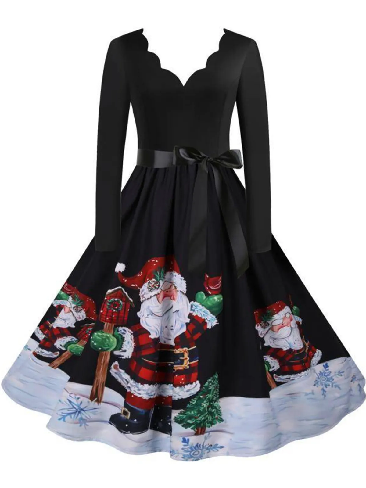 Fashion Retro Stage 1950s Scalloped Neck Christmas Santa Belted Dress Black