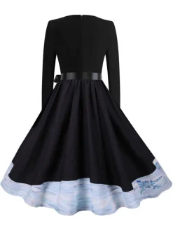 Fashion Retro Stage 1950s Scalloped Neck Christmas Santa Belted Dress Black