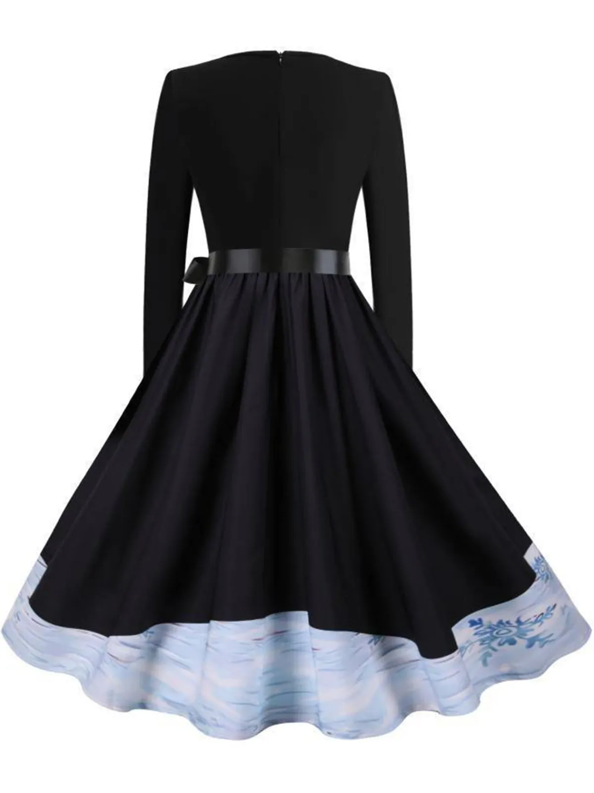 Fashion Retro Stage 1950s Scalloped Neck Christmas Santa Belted Dress Black