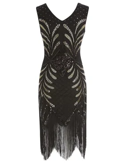 Fashion Retro Stage 1920s Sequin Fringed Gatsby Dress Black