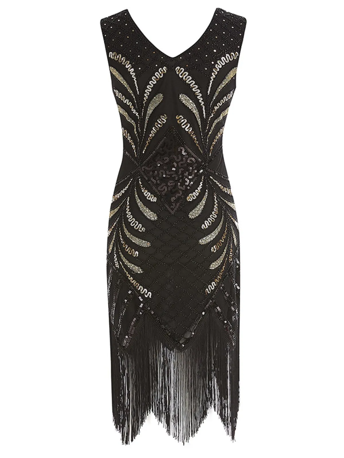 Fashion Retro Stage 1920s Sequin Fringed Gatsby Dress Black