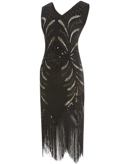 Fashion Retro Stage 1920s Sequin Fringed Gatsby Dress Black