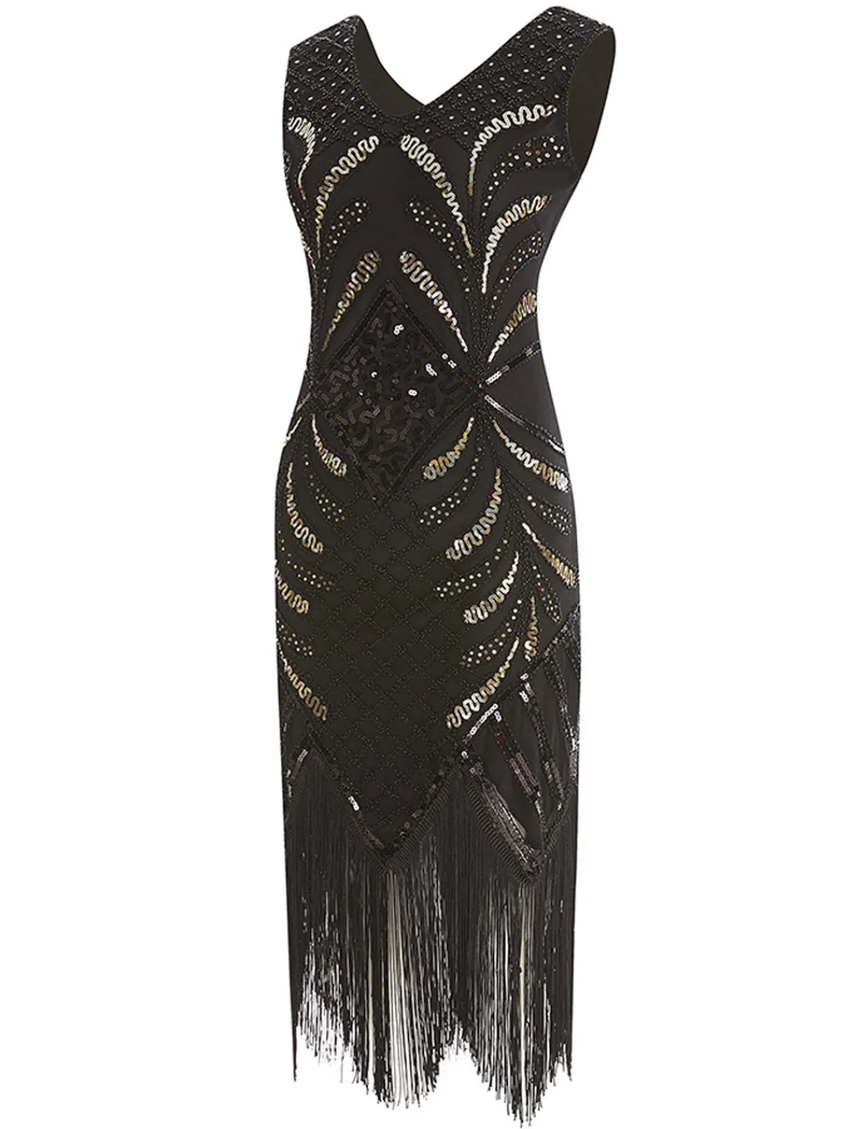 Fashion Retro Stage 1920s Sequin Fringed Gatsby Dress Black