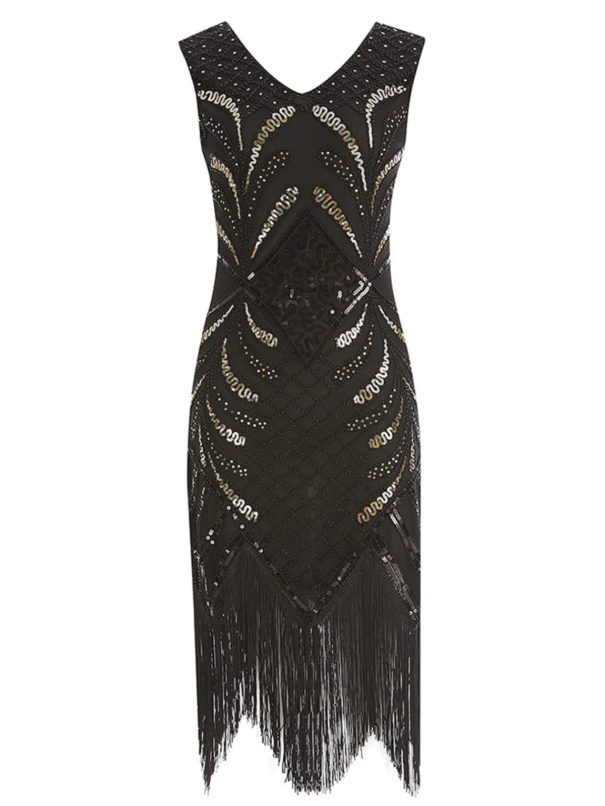 Fashion Retro Stage 1920s Sequin Fringed Gatsby Dress Black