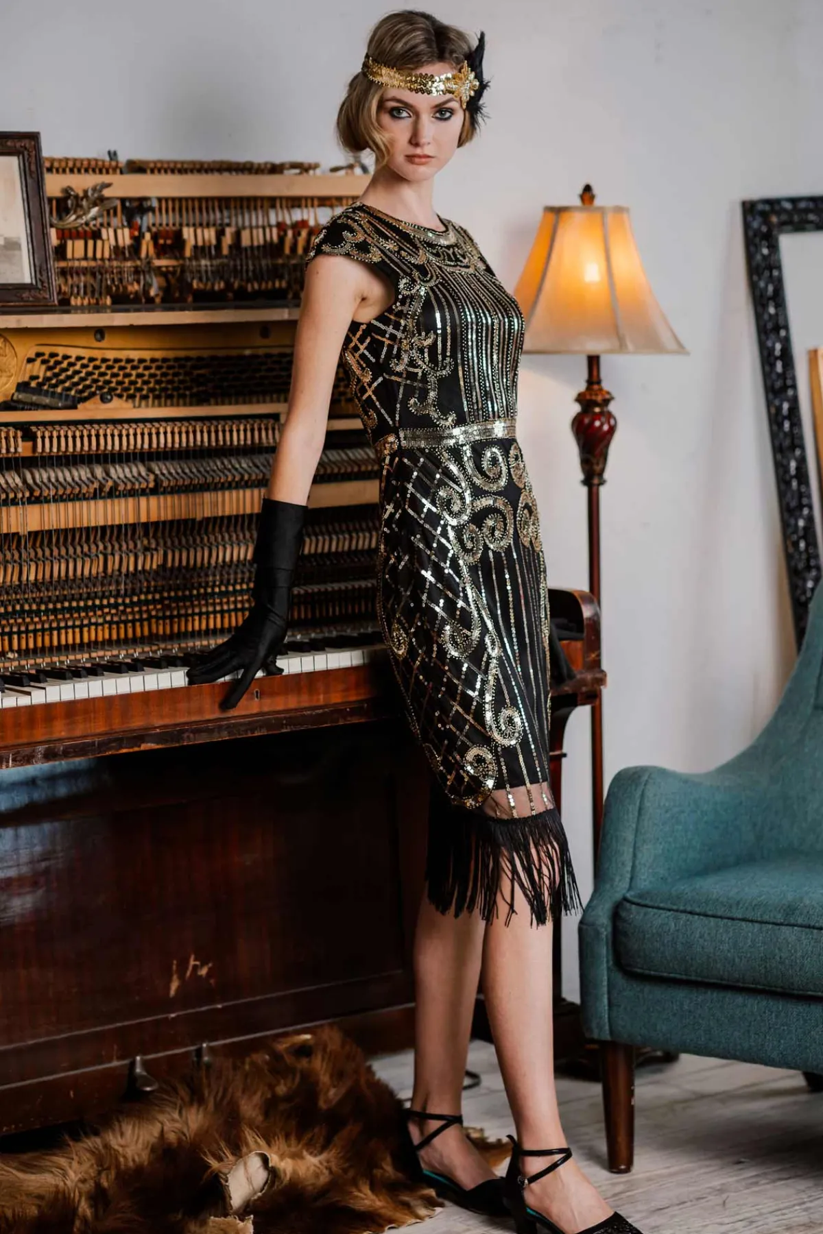 New Retro Stage 1920s Sequined Flapper Dress Black