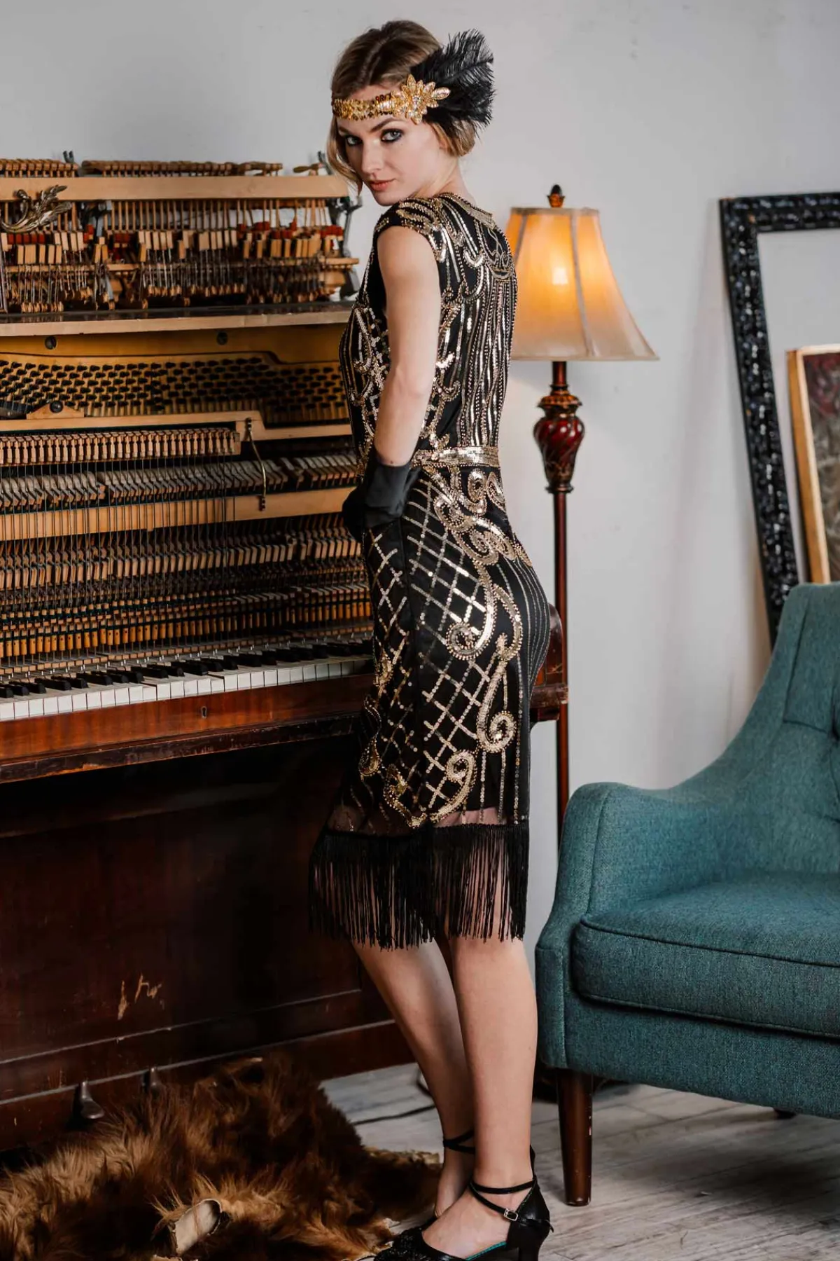 New Retro Stage 1920s Sequined Flapper Dress Black