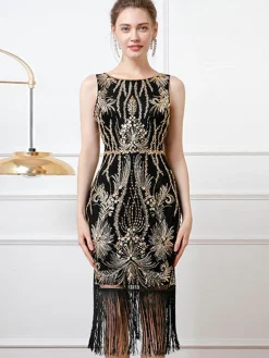 Fashion Retro Stage 1920s Sequined Flapper Backless Sleeveless Dress Black