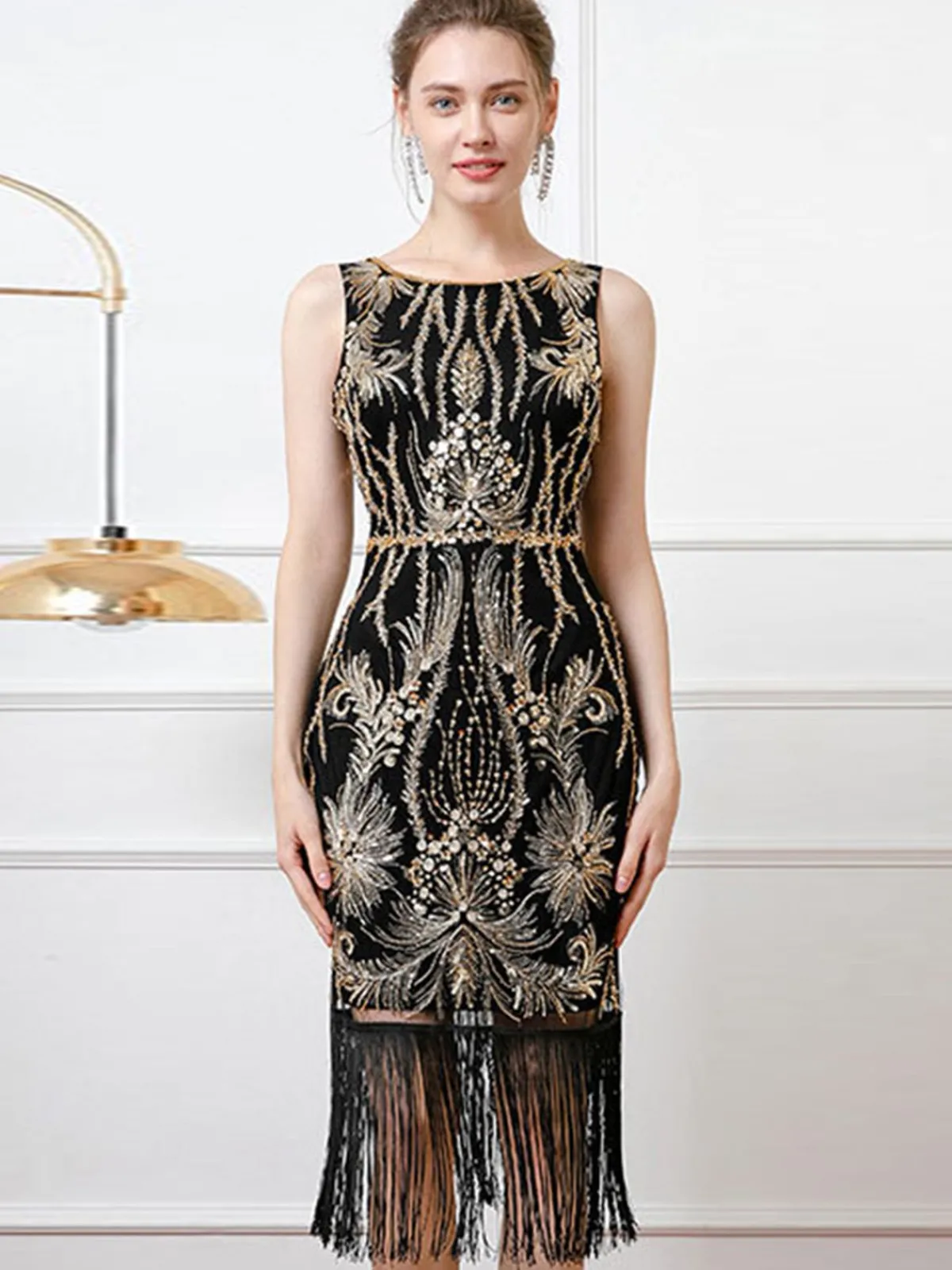 Fashion Retro Stage 1920s Sequined Flapper Backless Sleeveless Dress Black