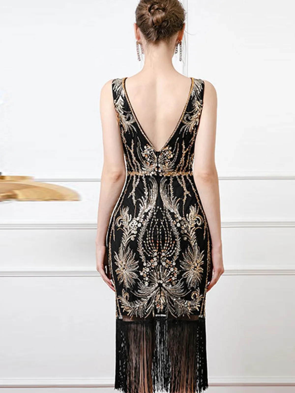 Fashion Retro Stage 1920s Sequined Flapper Backless Sleeveless Dress Black