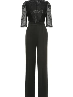 Sale Retro Stage 1930s Sequined Patchwork Solid Jumpsuit Black