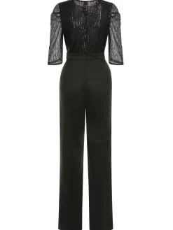 Sale Retro Stage 1930s Sequined Patchwork Solid Jumpsuit Black