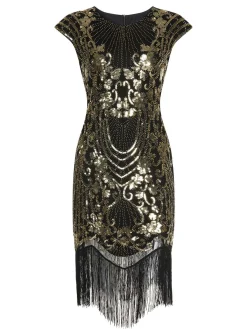 Outlet Retro Stage 1920s Sequined Tassel Cap Sleeve Dress Black