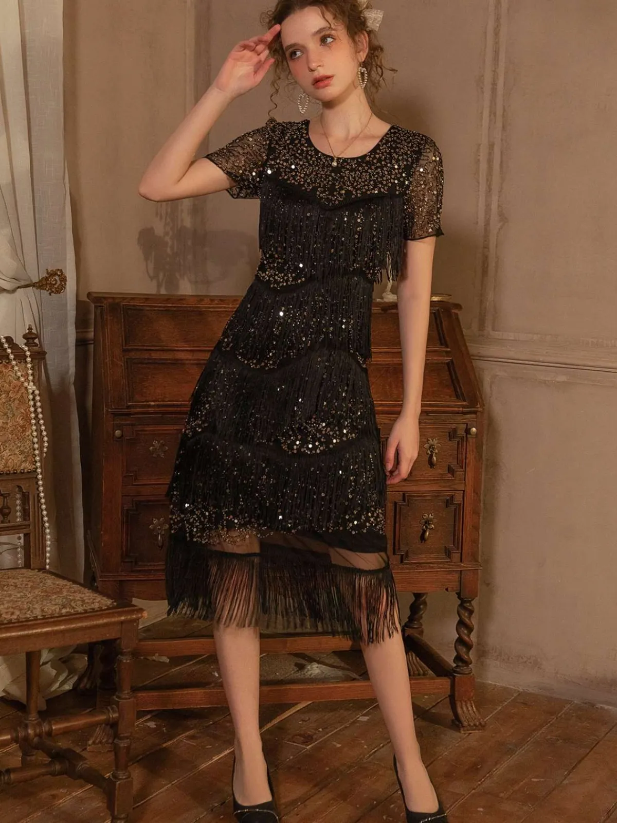 Best Retro Stage 1920s Sequined Tassel Flapper Dress Black