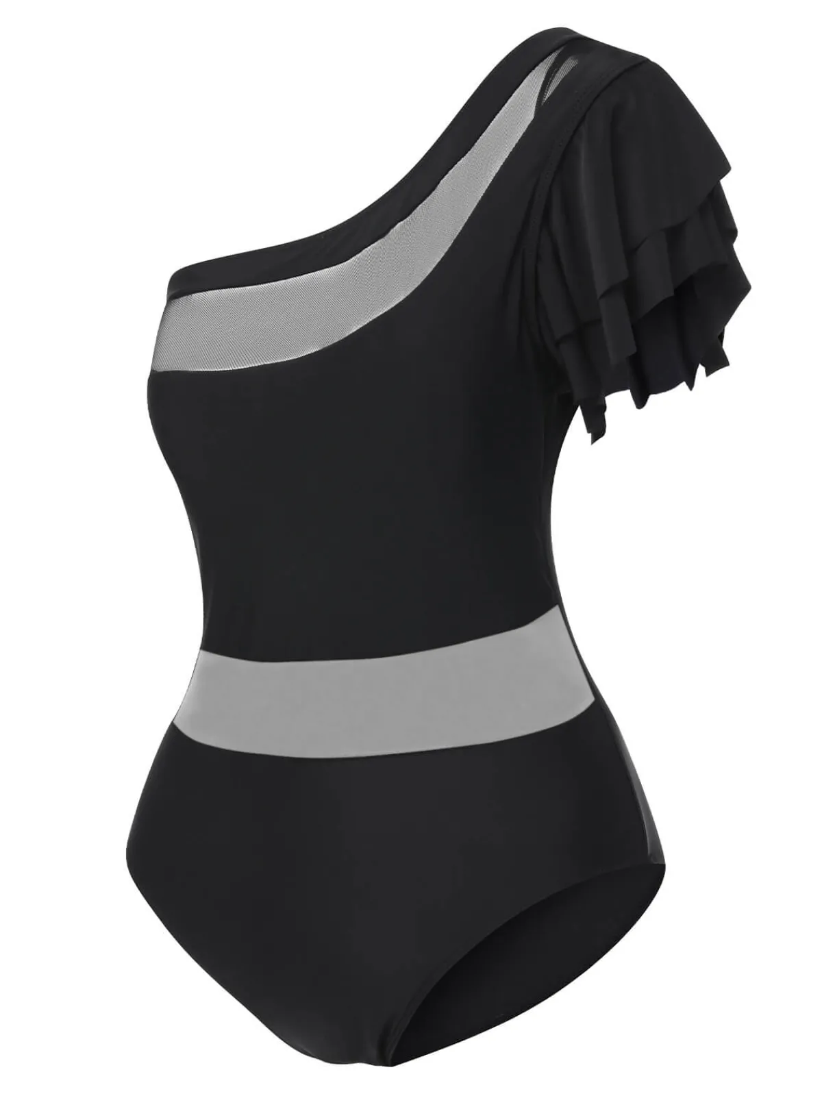 Fashion Retro Stage 1950s Sheer Patchwork One-Shoulder Swimsuit Black