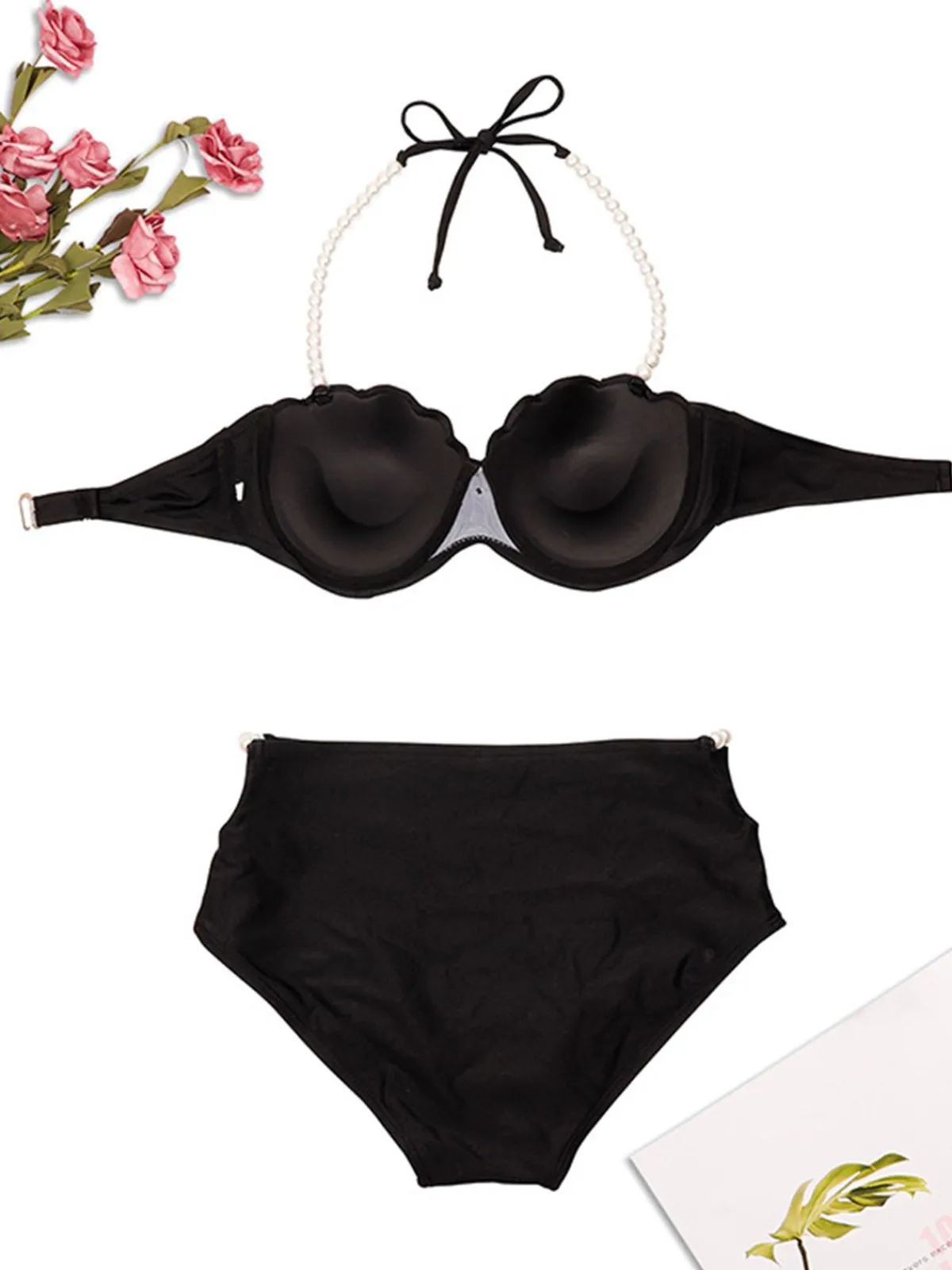 Hot Retro Stage 1960s Shell Pearl Halter Bikini Set Black