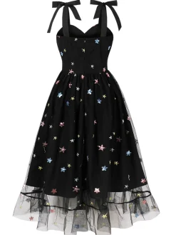 Hot Retro Stage 1950s Shoulder Tie Stars Mesh Dress Black