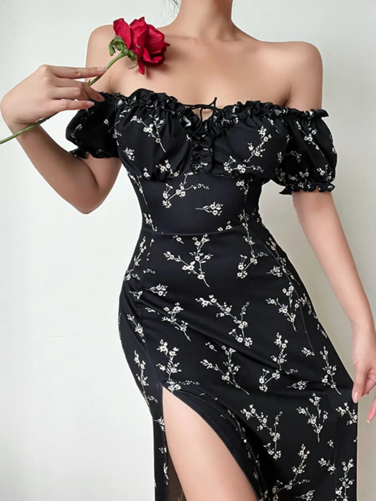 Sale Retro Stage 1960s Side Slit Ditsy Floral Off-Shoulder Dress Black
