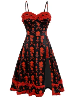 Hot Retro Stage 1950s Skull Lace Strap Dress Black