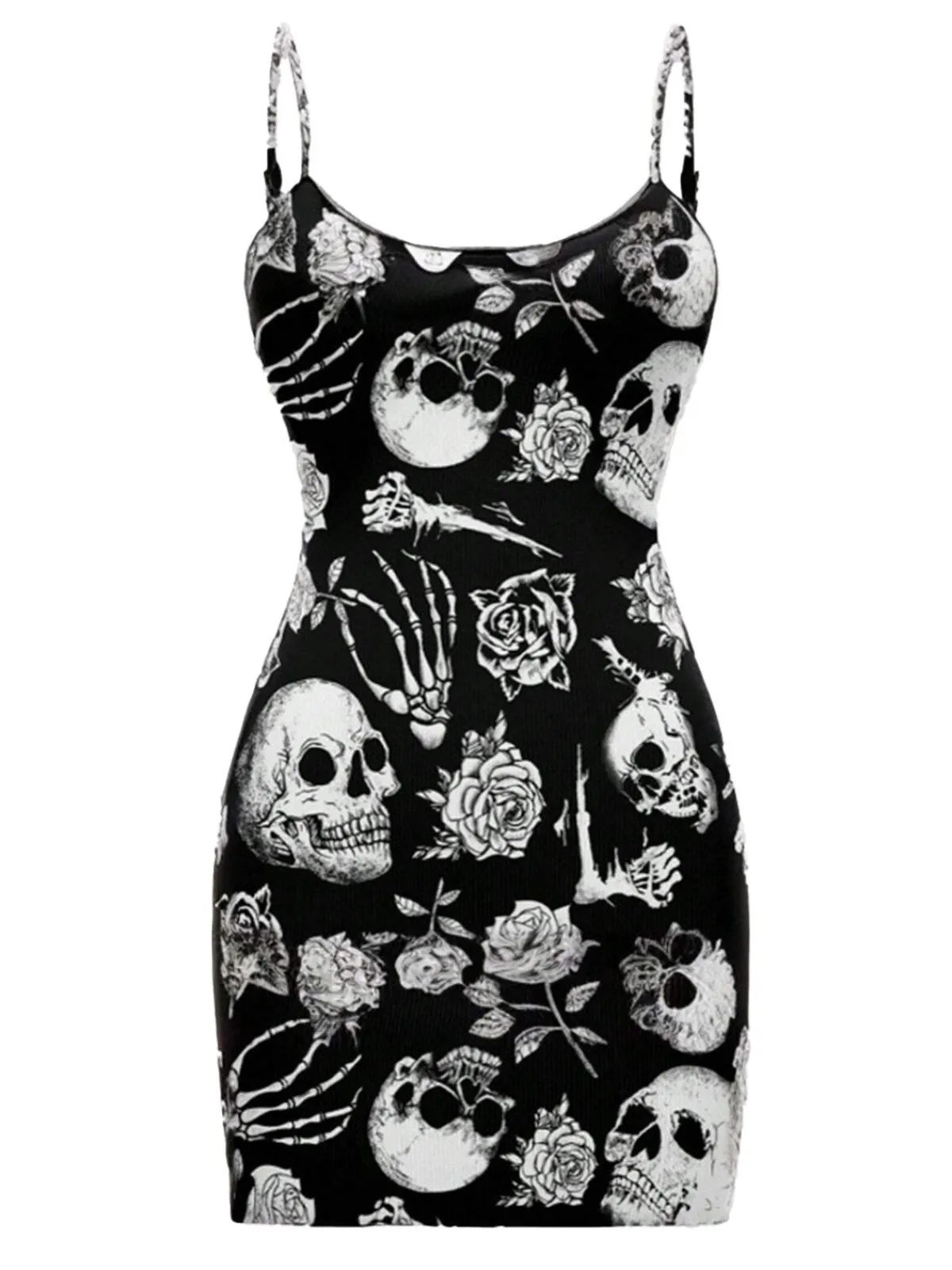 Hot Retro Stage 1960s Skull Rose Halloween Bodycon Dress Black
